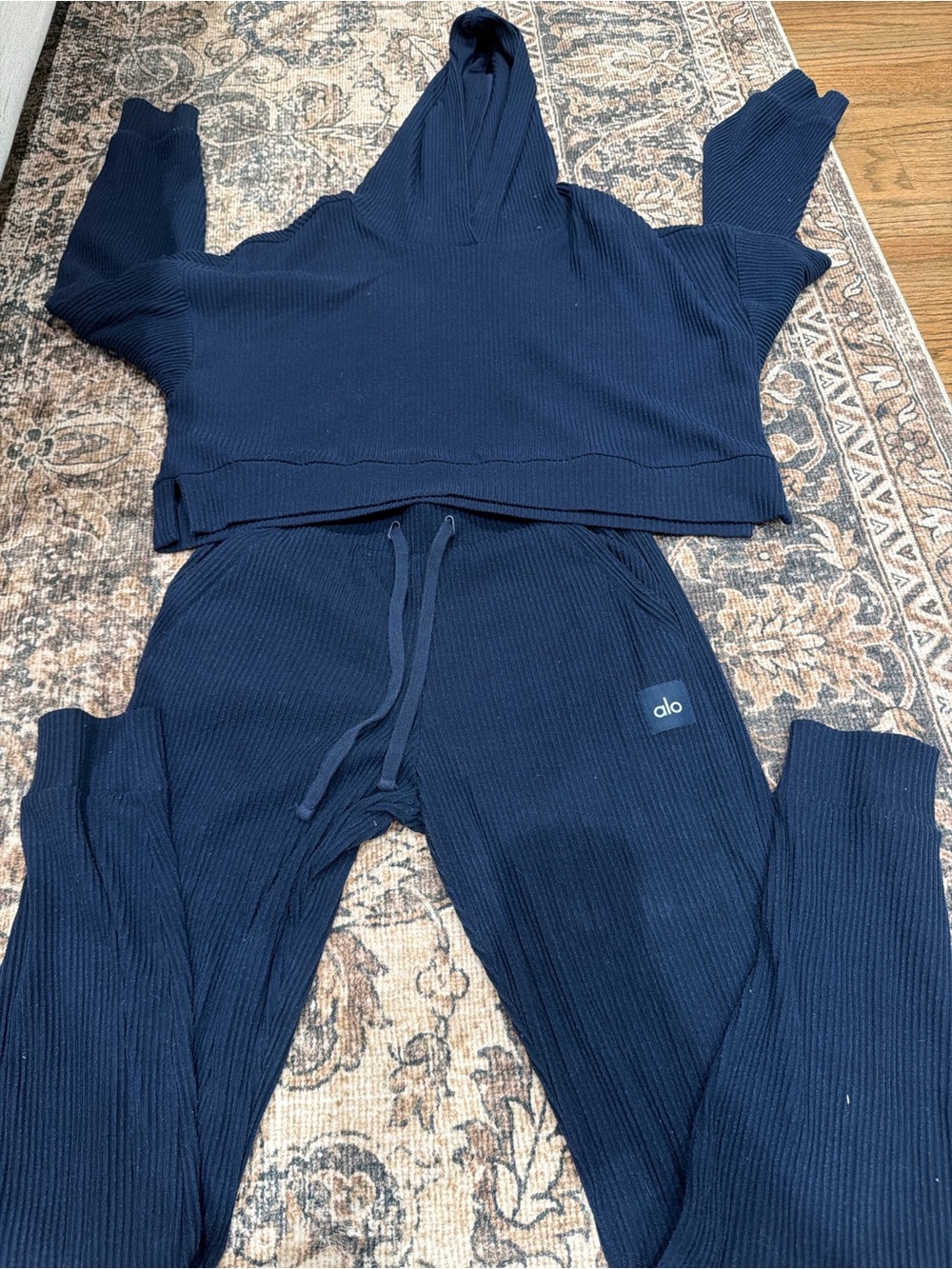 ALO Yoga Kids Ribbed Joggers and Hoodie Set - Navy